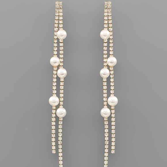 2 Linier Crystal Pearl Earrings - Picture 1 of 1